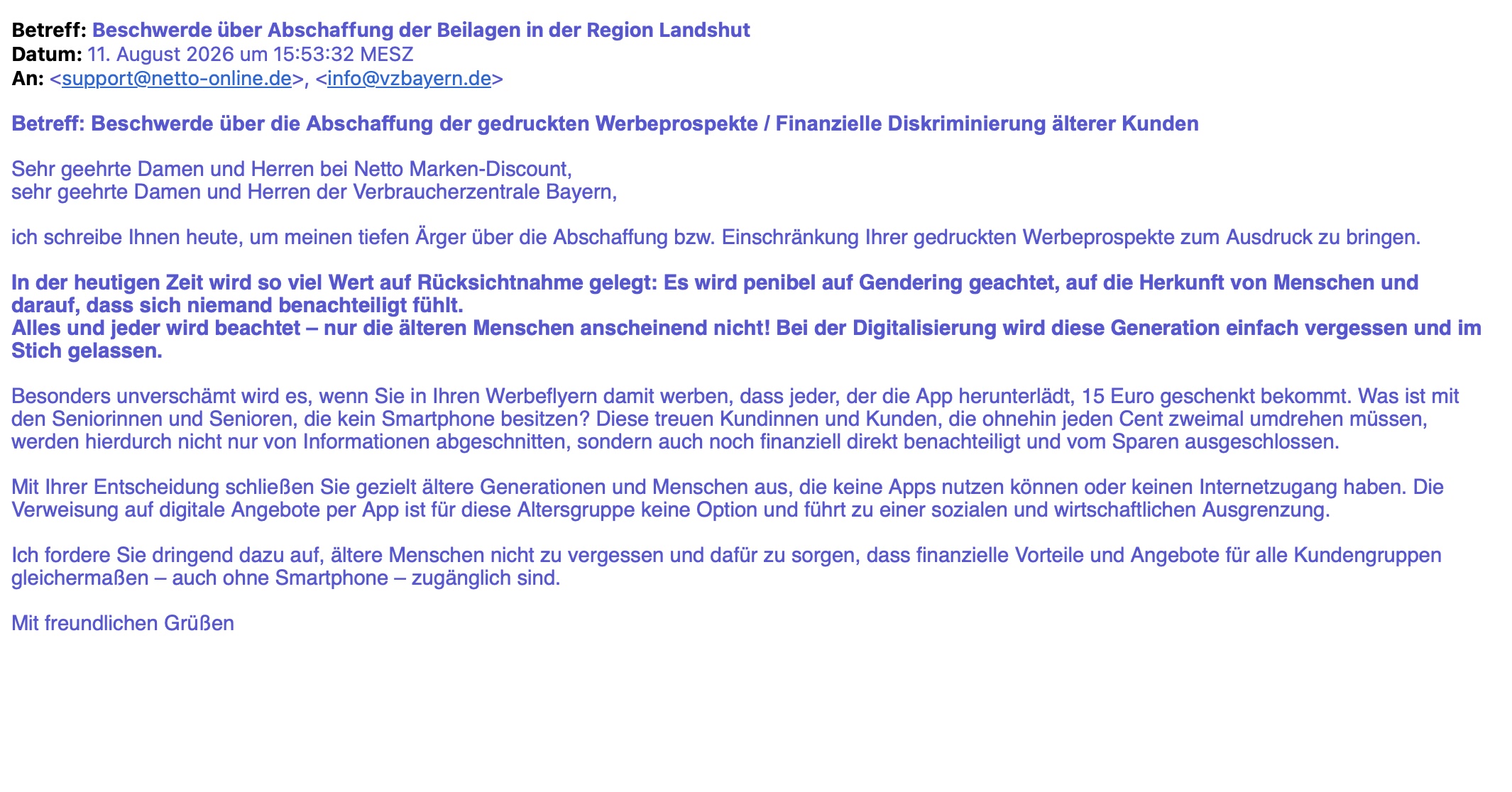 Beschwerde über die Abschaffung der gedruckten Werbeprospekte / Finanzielle Diskriminierung älterer Kunden