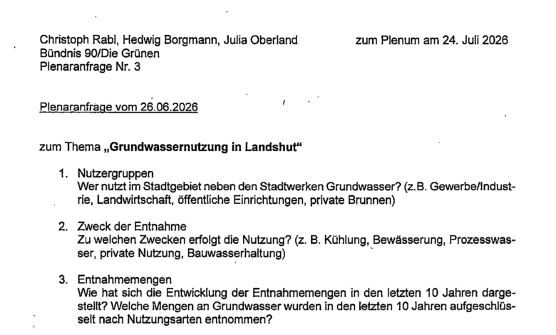 Plenaranfrage vom 26.06.2026 zum Thema „Grundwassernutzung in Landshut