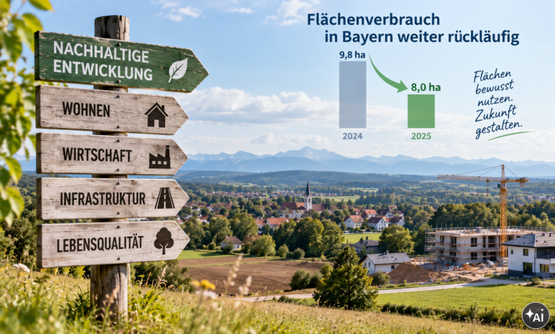 Bayerns Flächenverbrauch sinkt 2025 auf 8,0 Hektar pro Tag